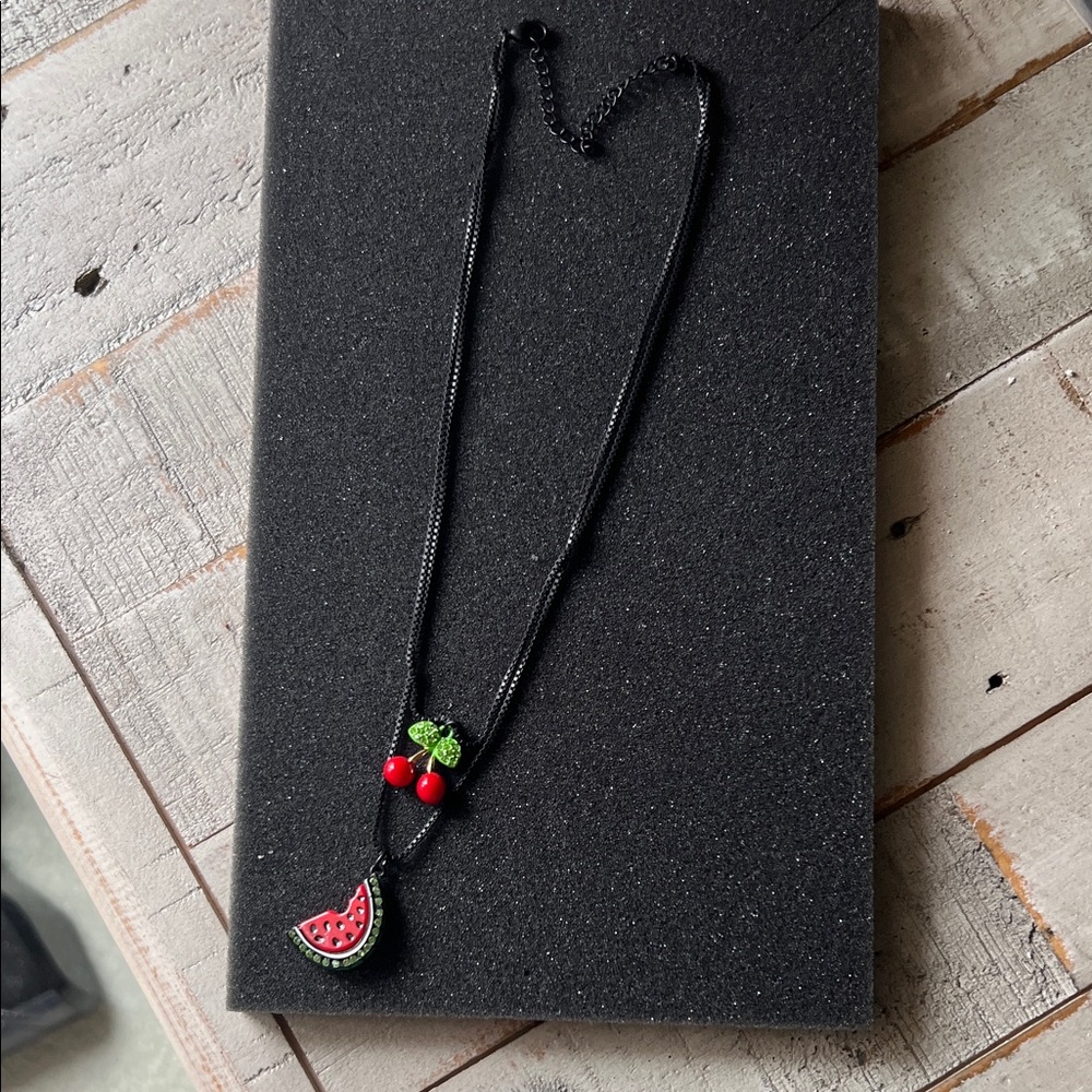 Betsey Johnson Black Necklace with Watermelon and Cherry Charms